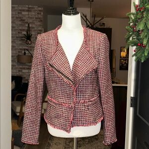 White House Black Market 10 red silver metallic Black Tweed zip Jacket